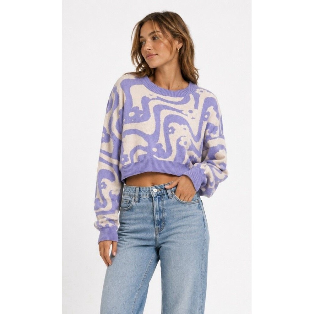 Hollister Cropped Floral Swirl Sweater Lavender Cream Cotton Knit Women’s Large
